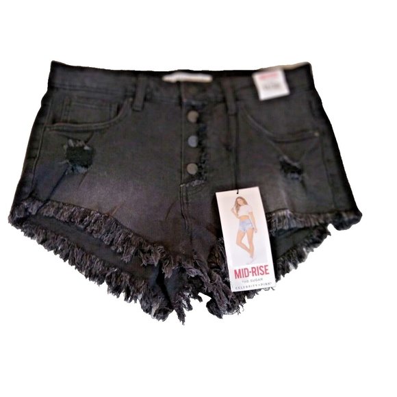 New Celebrity Pink Button Fly Jean Shorts Womens 11 Black MidRise Distress Jeans - Picture 8 of 9